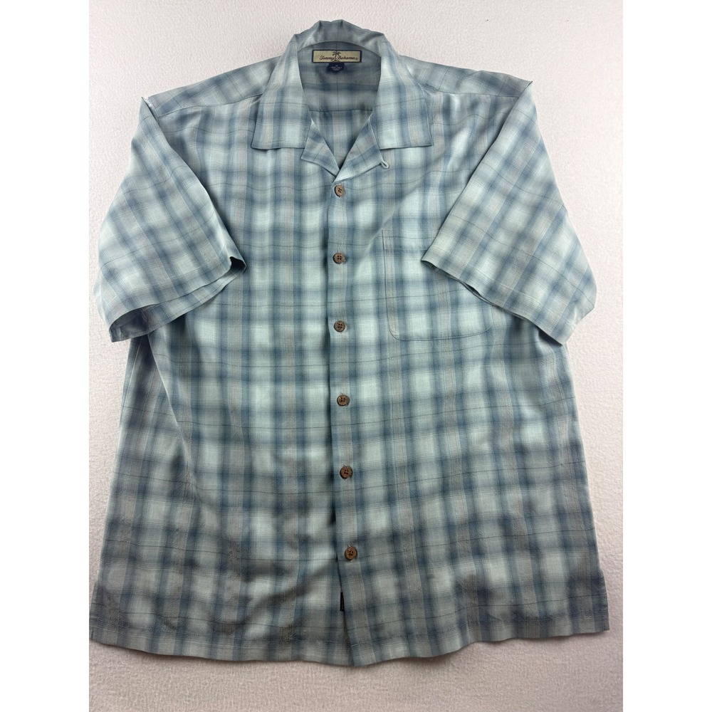 Tommy Bahama Mens Medium Blue Plaid 100% Silk Short Sleeve Camp Shirt‎ Tropical